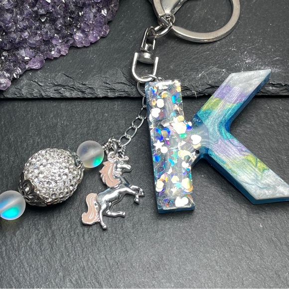 Artisan Accessories - Custom Made Colorful Unicorn Keychain with Glitter Letter K
